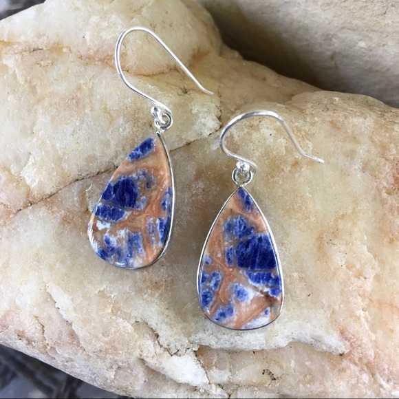ORANGE SODALITE teardrop 925 sterling earrings - Picture 3 of 7